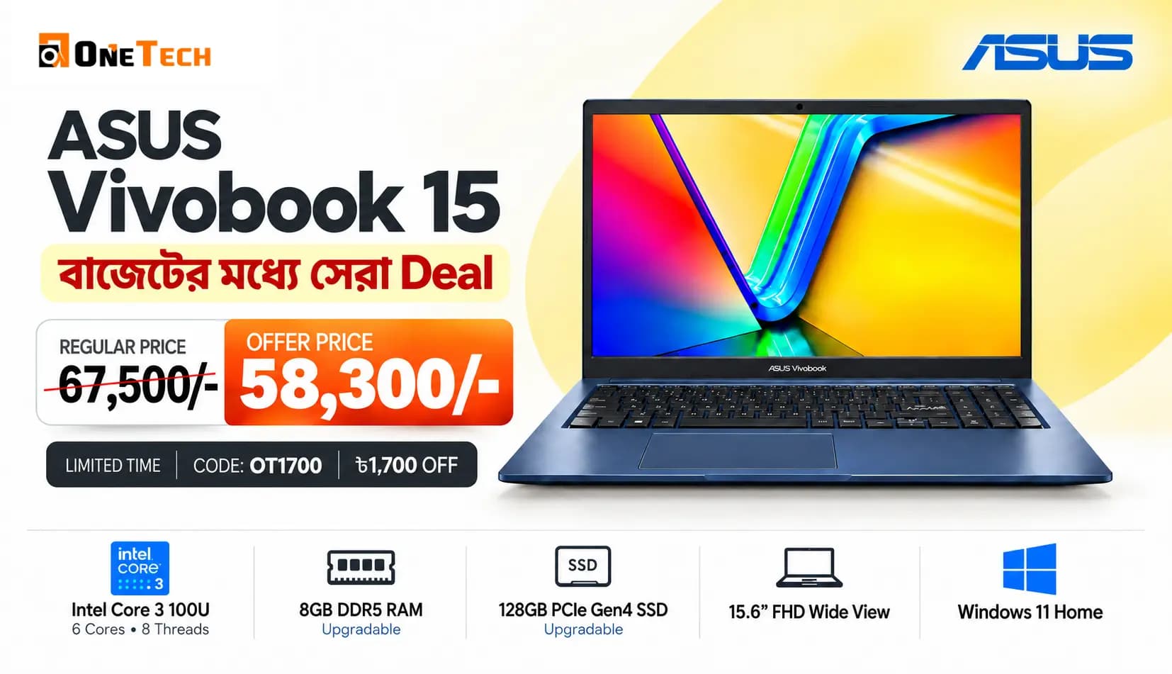 ASUS Vivobook 15 X1504VAP-C38128 Core 3 100U 8GB RAM 128GB SSD 15.6″ FHD Laptop